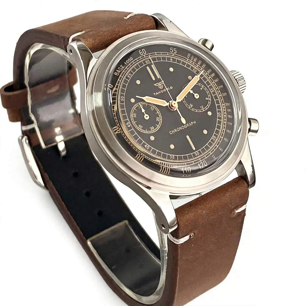 38mm Tandorio Retro Men's Watch Sport Watches Miyota OS20 Movement Chronograph Quartz Clock Black Dial Bubble Arched Glass