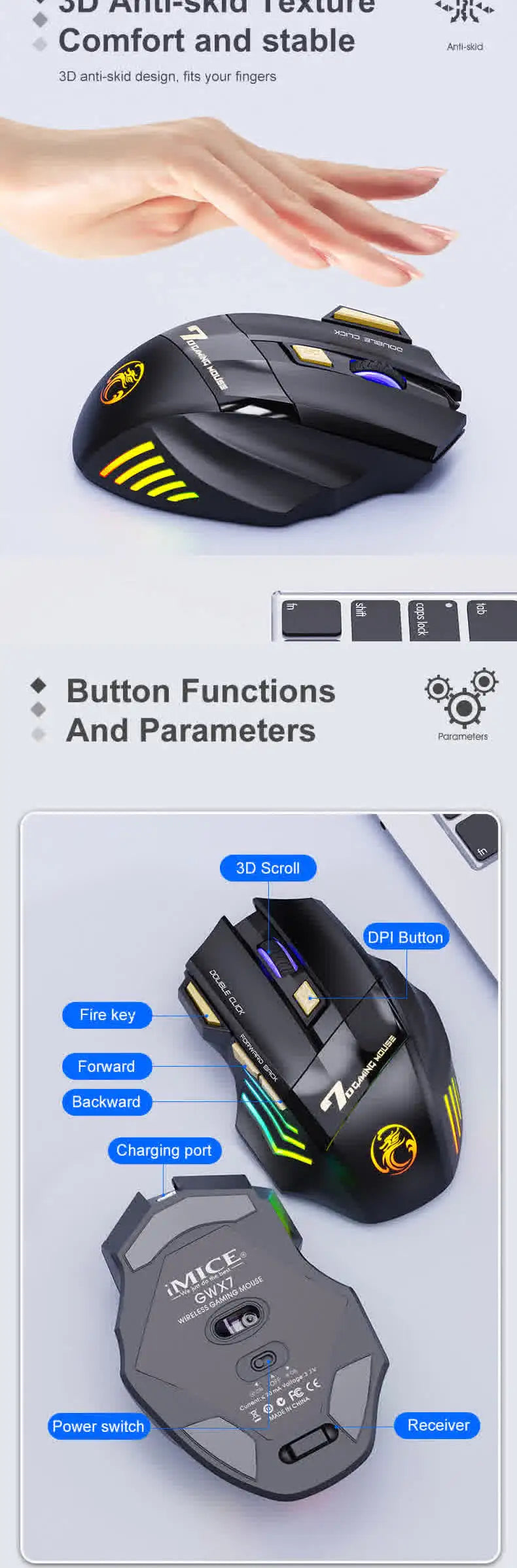 Wireless Bluetooth Rechargeable Gaming Mouse with RGB Backlight, Ergonomic Silent Computer Mouse, 7 Keys, Adjustable DPI for PC Laptop