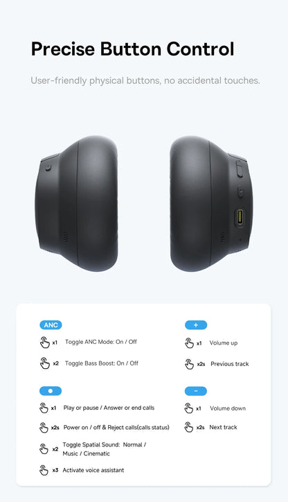 Baseus Bass BH1 NC Lite ANC Wireless Headphones Bluetooth 6.0 Noise Cancelling Headset 80H Battery Over Ear Earphones