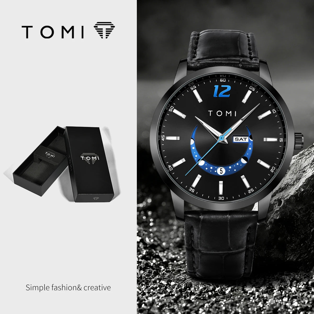 TOMI quartz watch, business-style and elegant, with a leather strap, alloy case and analogue dial – High-end design, a gift idea for men