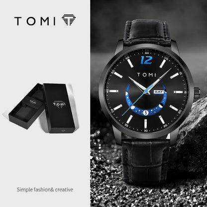 TOMI quartz watch, business-style and elegant, with a leather strap, alloy case and analogue dial – High-end design, a gift idea for men