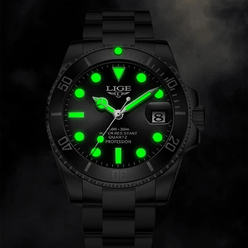 Montre de plongée de luxe pour homme, marque LIGE, étanche 3ATM, avec affichage de la date, montre à quartz sportive