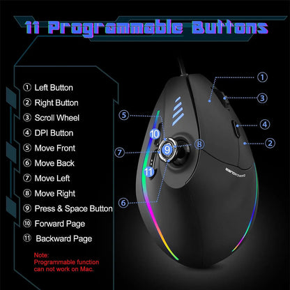 ZELOTES C18 Wired Vertical Ergonomic Gaming Mouse, 10000 DPI RGB Programmable Laser Mouse with 11 Buttons for PC Computer
