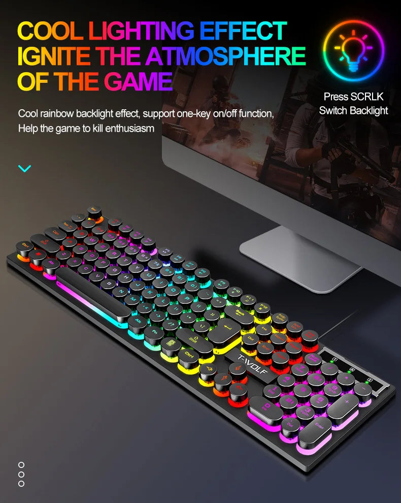 Typewriter style Mechanical feel Gaming Keyboard,Wired,RGB Backlit,Round Keycaps Mouse and Keyboard Bundle Waterproof 104-Key