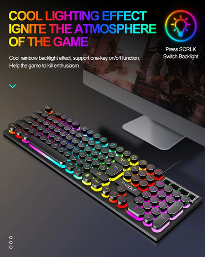 Typewriter style Mechanical feel Gaming Keyboard,Wired,RGB Backlit,Round Keycaps Mouse and Keyboard Bundle Waterproof 104-Key