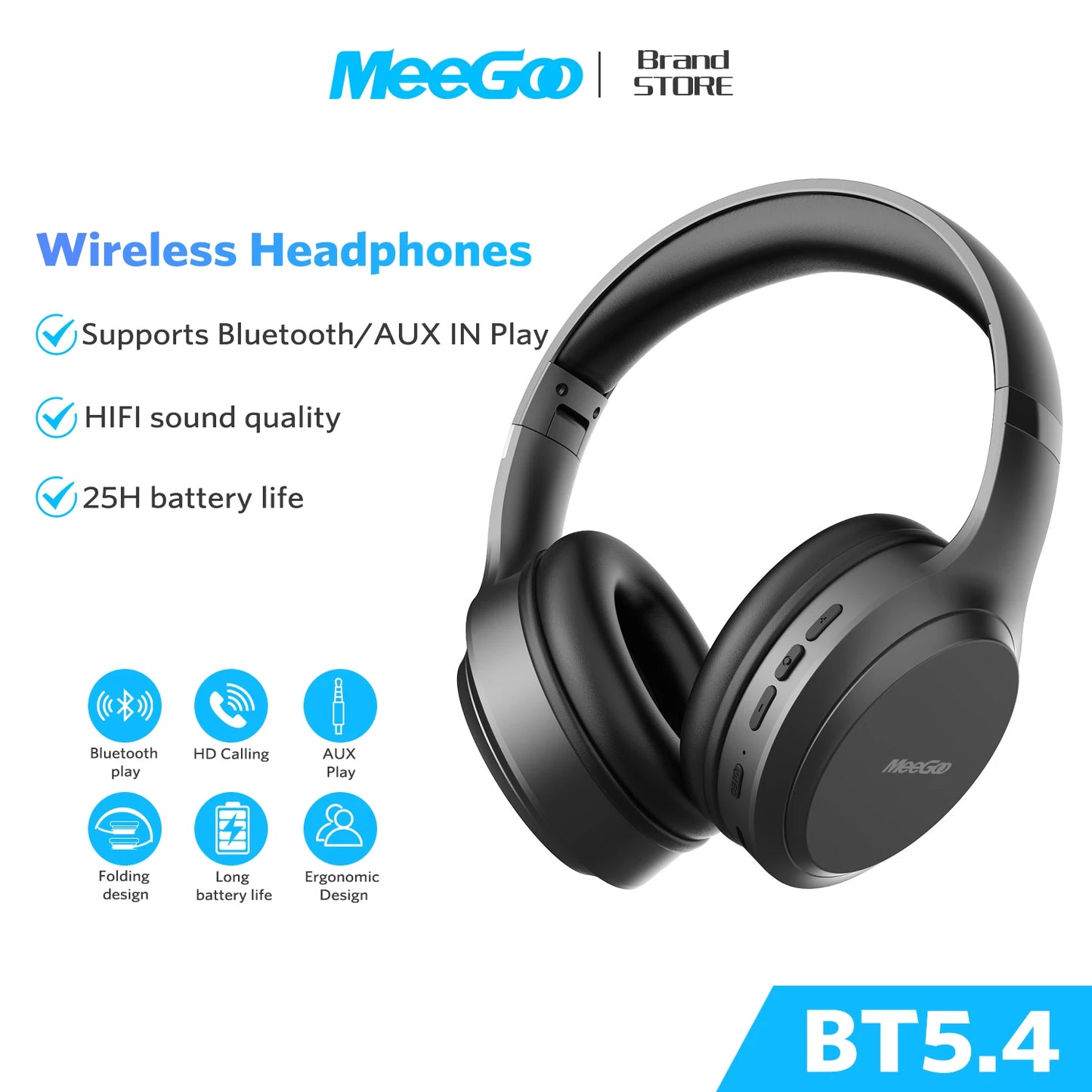 MeeGoo Bluetooth 5.4 Wireless Headphones Foldable Stereo Headset with Super Bass, ANC Noise Reduction Mic, Waterproof Design for Laptop PC TV
