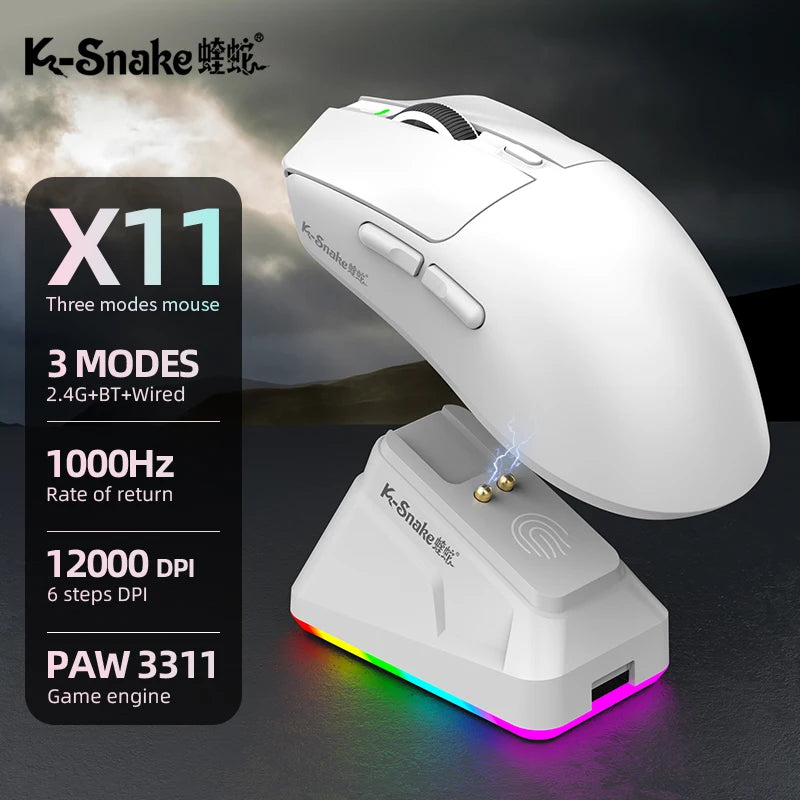 K-Snake X11 Bluetooth Wireless Gaming Mouse, Tri-Mode RGB Rechargeable Mouse with PAW3311 Sensor, 12000 DPI Magnetic Charging Gaming Mouse for PC, Laptop & Office