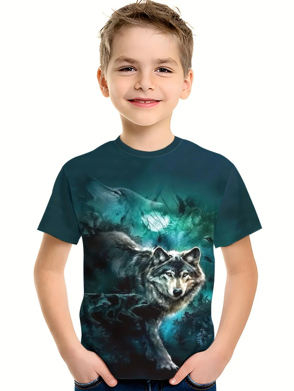 Children's T-Shirt Cool Wolf Pattern Boys' Short Sleeve Tee Summer New Round Neck Children's T-Shirt Fashion Children's Clothing