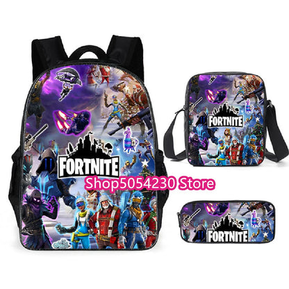 Conjunto de Mochila Fortnited 3PCS para Adolescentes e Estudantes, Saco de Viagem Fortress Night, Mochila Escolar 3D de Jogos Populares