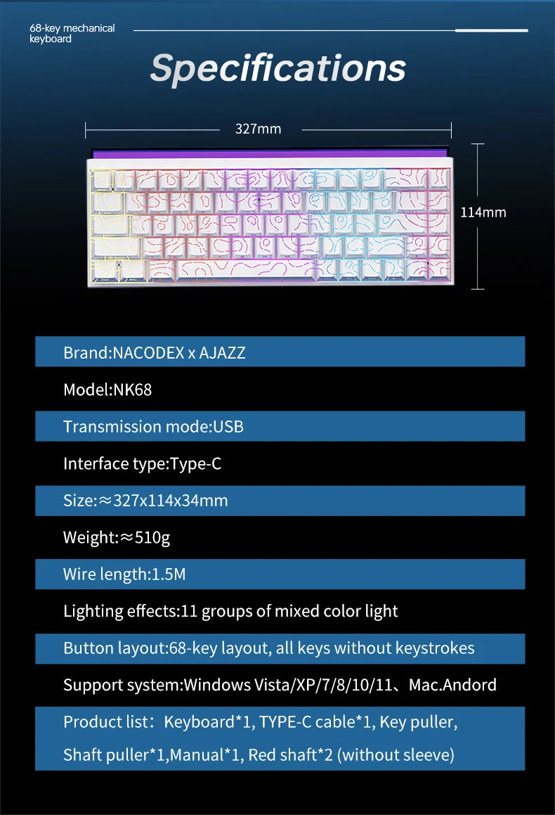 AJAZZ Mini 65% Gaming Mechanical Keyboard, 68 Keys with Red Switches, Compact Wired Office Keyboard, Stunning Lighting Effects, Self-Service Plug and Play, Supports Multiple Systems, Suitable for Gaming Mechanical Backlit Key