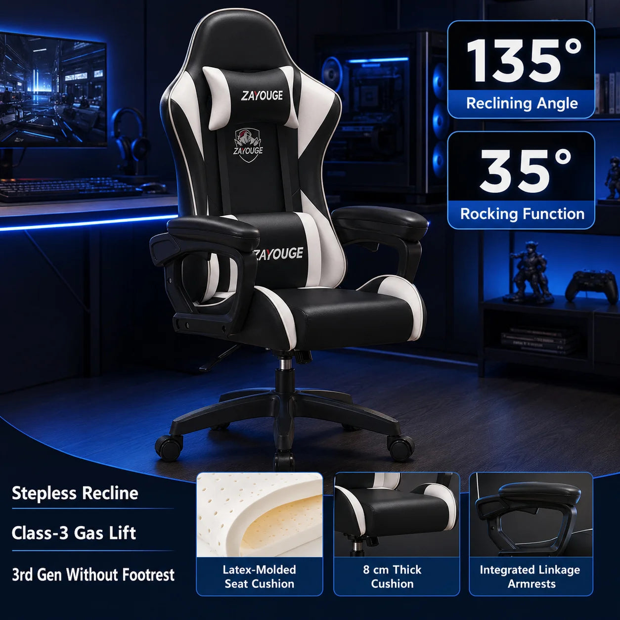 AOLIVIYA Gaming Reclining Chair Ergonomic Office Chair with Footrest, Adjustable Swivel Computer Chair, Racing Style E-Sports Gaming Seat