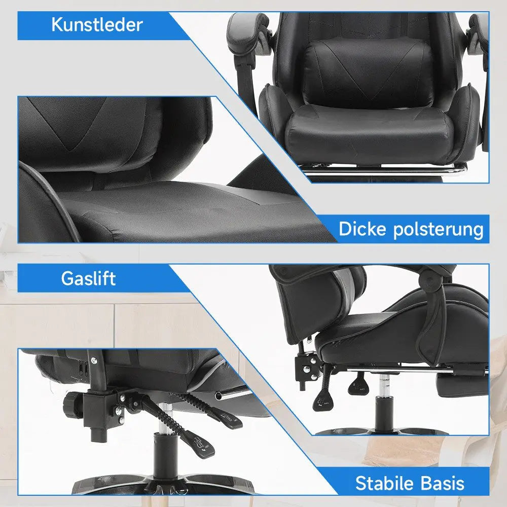 Ergonomic Gaming Chair with Lumbar Support, PU Leather Office Chair, Adjustable Height Computer Chair with Headrest, 360° Swivel