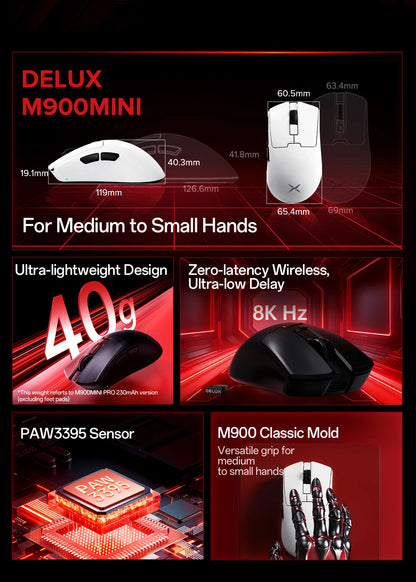 Delux M900mini PRO Wireless Gaming Mouse, Ultra-Lightweight 40g Ergonomic Gaming Mouse with PAW3395 Sensor, 26K DPI, 8KHz Polling Rate for PC & Laptop