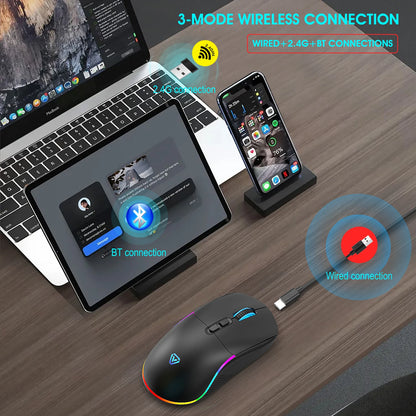 Tri-Mode Wireless Gaming Mouse with Bluetooth 2.4G & Wired Connection, 10000 DPI RGB Esports Mouse with 7 Buttons and Rechargeable Battery