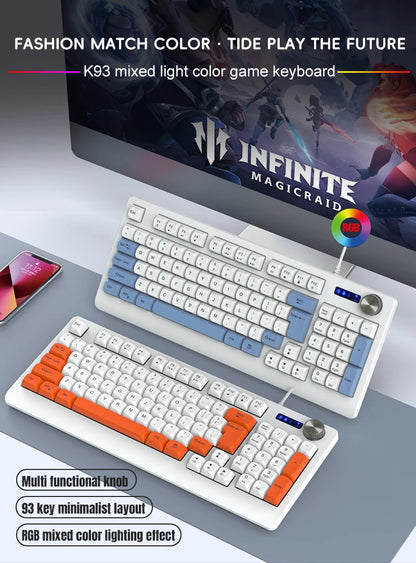 93 Keys Wired Gaming Keyboard with RGB Backlight Multi-Function Knob Color Matching Mechanical Feel Keyboard for PC Laptop Gamer