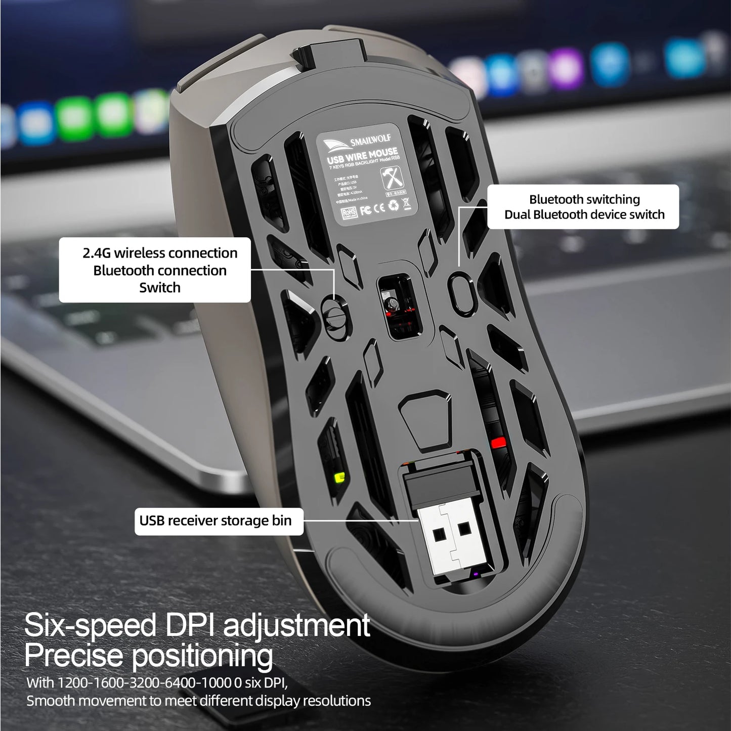 SMAILWOLF RS8 Gaming Mouse Bluetooth Wireless Tri-Mode Lightweight RGB Gaming Mouse with 11200 DPI, Rechargeable Ergonomic Gaming Mouse for PC, Laptop & Mobile