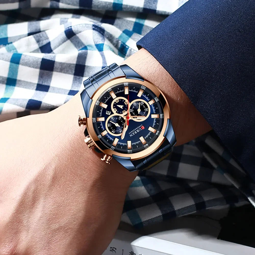 Pánské chronografové hodinky CURREN, velký ciferník o průměru 48 mm, náramek z nerezové oceli, tři pomocné ciferníky, sportovní náramkové hodinky s quartzovým strojkem, luxusní styl