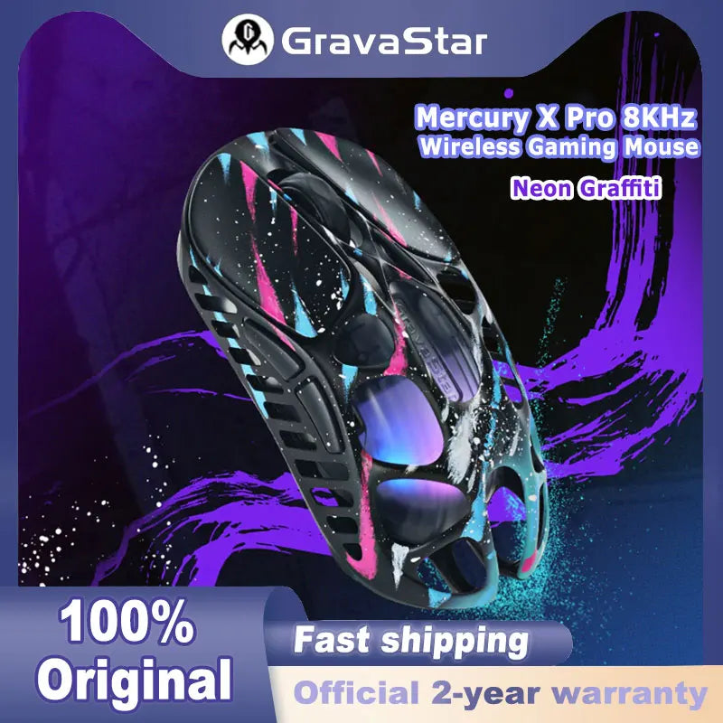 GravaStar Mercury X Pro trådlös gamingmus med tri-mode, 8K-mottagare, lätt magnesiumlegering, lång batteritid, RGB-gaming