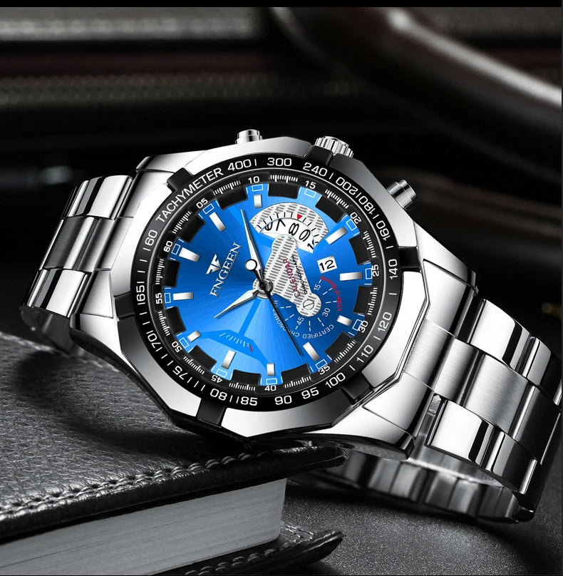 BINBOND luxury quartz wristwatch for men, luminous, water-resistant, automatic date, stainless steel