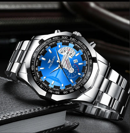 BINBOND luxury quartz wristwatch for men, luminous, water-resistant, automatic date, stainless steel