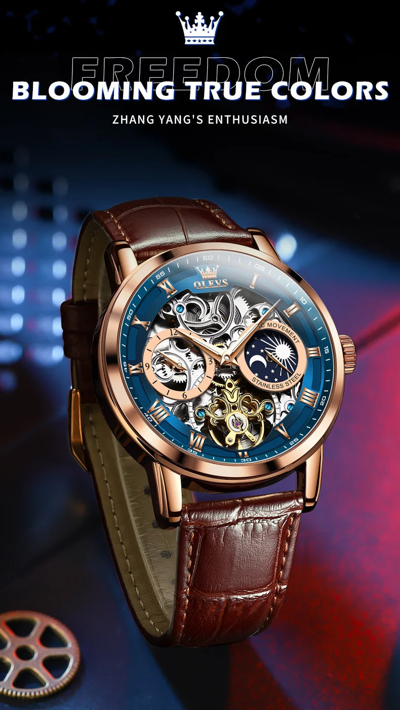 OLEVS Top Brand Men's Skeleton Mechanical Watch Waterproof Leather Strap Men Moon Phase Automatic Tourbillon Wristwatch for Men