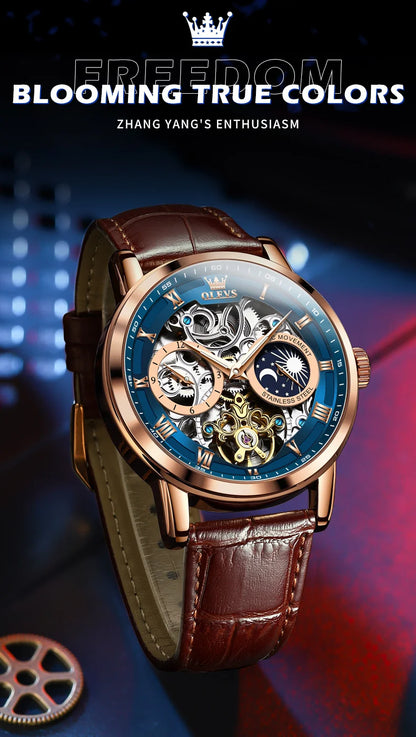 OLEVS Top Brand Men's Skeleton Mechanical Watch Waterproof Leather Strap Men Moon Phase Automatic Tourbillon Wristwatch for Men