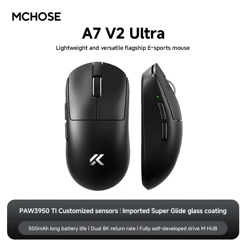 MCHOSE A7 V2 Ultra Wireless Gaming Mouse with PixArt 3950Ti Sensor, 8K Polling Rate, Lightweight Bluetooth & 2.4G RGB Gaming Mouse