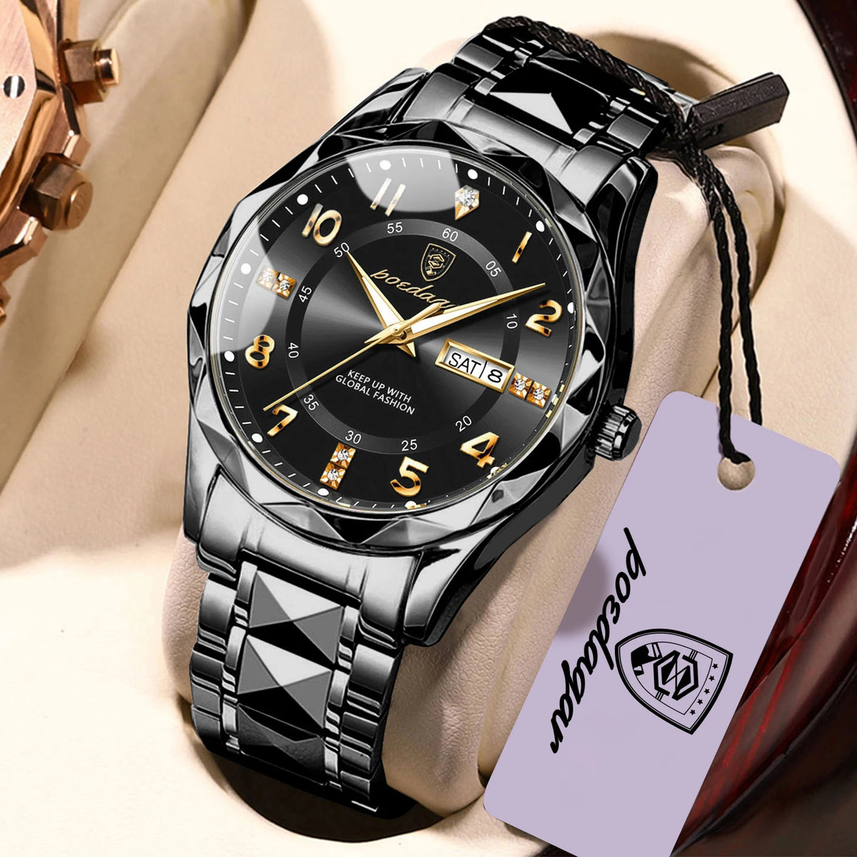 Męski zegarek POEDAGAR Fashion Luxury, wodoodporny, podświetlany, z mechanizmem kwarcowym, bransoletą ze stali nierdzewnej, datownikiem i wskaźnikiem dnia tygodnia, w stylu casualowym.