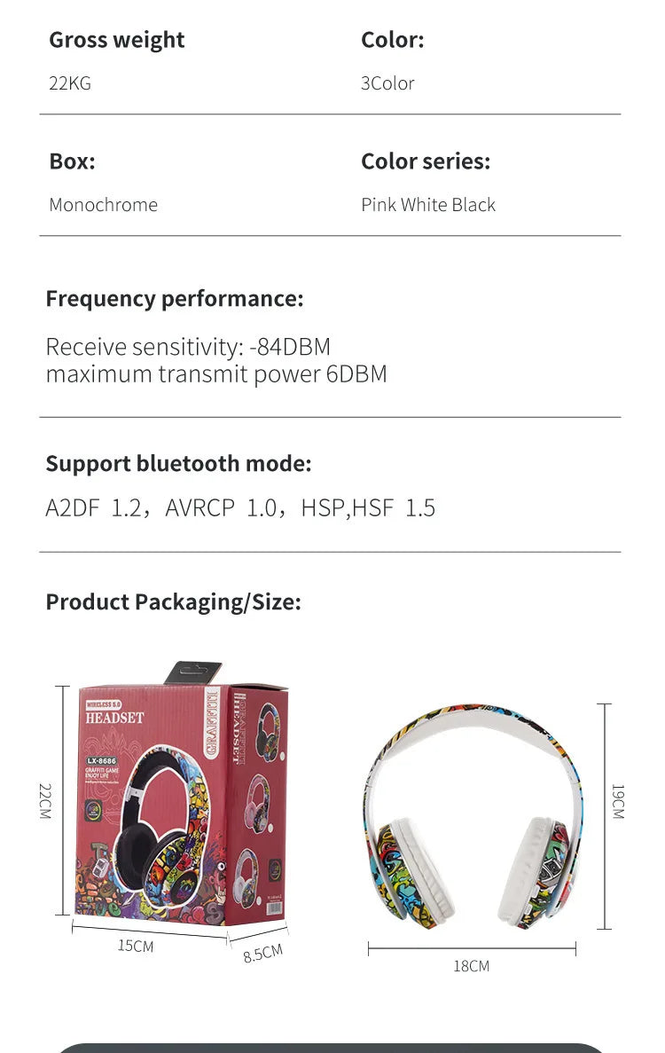 Auriculares gaming Bluetooth inalámbricos New Graffiti LX-8686 con micrófono, luz LED, compatibilidad con tarjeta TF, graves profundos y diseño circumaural para PC, gaming y niños
