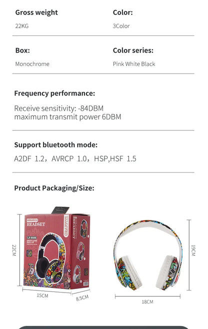 Auriculares gaming Bluetooth inalámbricos New Graffiti LX-8686 con micrófono, luz LED, compatibilidad con tarjeta TF, graves profundos y diseño circumaural para PC, gaming y niños