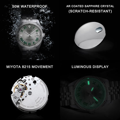 CADISEN 38MM Men's Automatic Mechanical Watch Luxury AR Sapphire Glass Water Resistant Stainless Steel MIYOTA 8215 Reloj Hombre