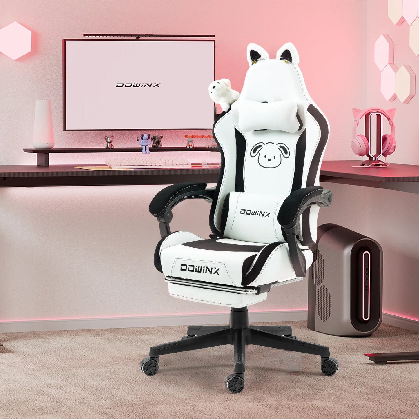 Uroczy fotel gamingowy z kocimi uszami i podnóżkiem, różowy fotel komputerowy kawaii, ergonomiczne siedzisko dla gracza z wysokim oparciem i podparciem lędźwiowym w kształcie kociej łapki