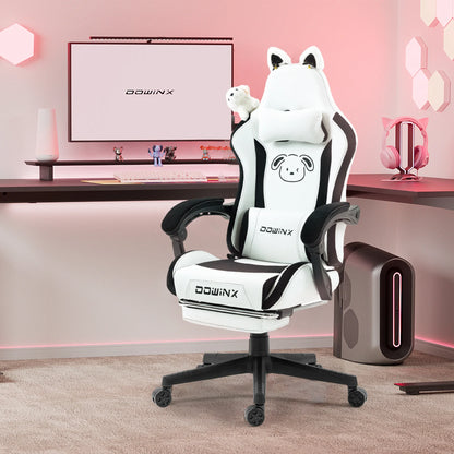 Uroczy fotel gamingowy z kocimi uszami i podnóżkiem, różowy fotel komputerowy kawaii, ergonomiczne siedzisko dla gracza z wysokim oparciem i podparciem lędźwiowym w kształcie kociej łapki