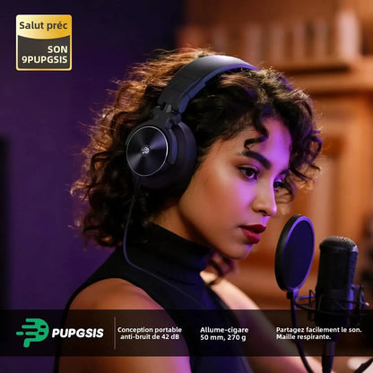 PUPGSIS Studio Headphones Professional DJ Wired Headphones 40kHz Hi-Res Stereo Recording Monitor Headset with 50mm Driver