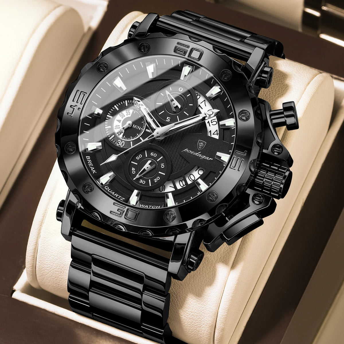 Luxusní pánské hodinky POEDAGAR, s luminiscenčními ručičkami, vodotěsné, chronograf, datum, nerezová ocel, quartz, Reloj