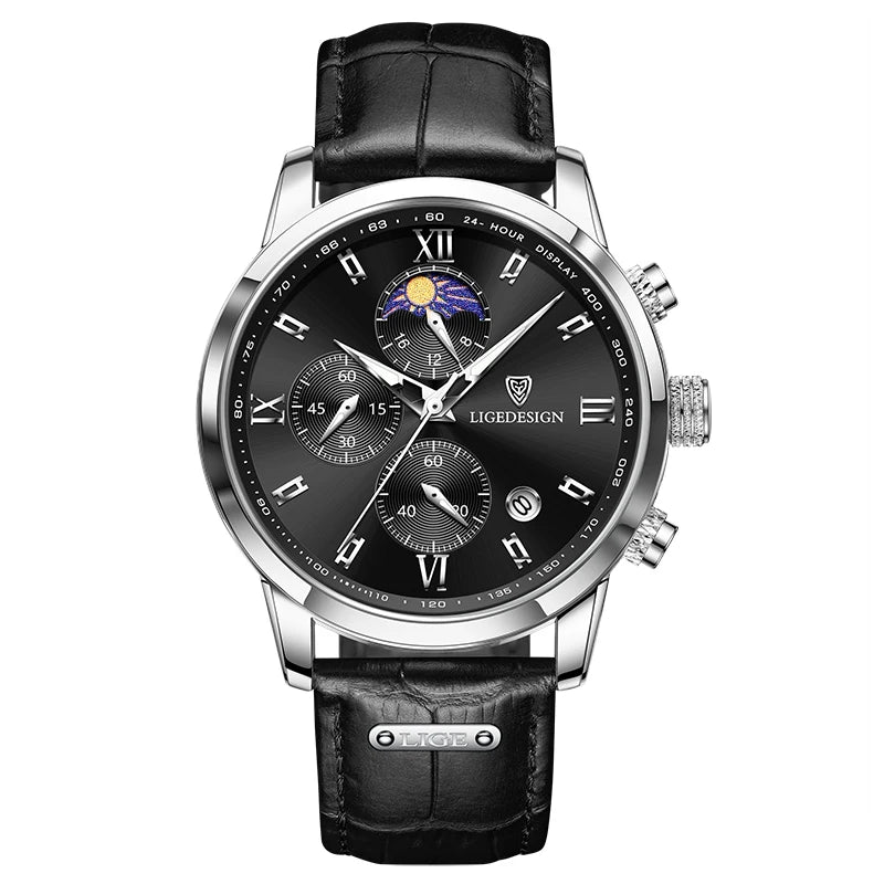 Montre pour homme LIGE – Chronographe sportif, style décontracté, bracelet en cuir, étanche, mouvement à quartz, design militaire