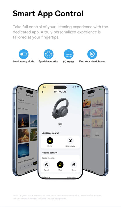 Baseus Bass EH10 NC Noise Cancelling Wireless Headphones Bluetooth 6.0 Over Ear Headset with 45dB ANC, 80H Battery, Hi-Res Audio & AI Calls