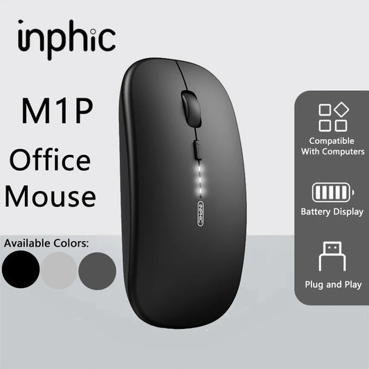 Inphic M1P Wireless Silent Mouse, Ultra-Thin Rechargeable 2.4G Office Mouse with USB Receiver, Type-C Charging, Battery Display & DPI Control