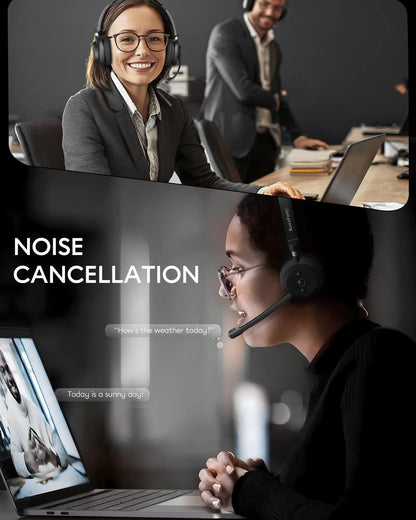 Rownfusny Wireless Headset with Mic for Work Bluetooth Over Ear Headphones USB Dongle for Computer/Remote Work/Call Center