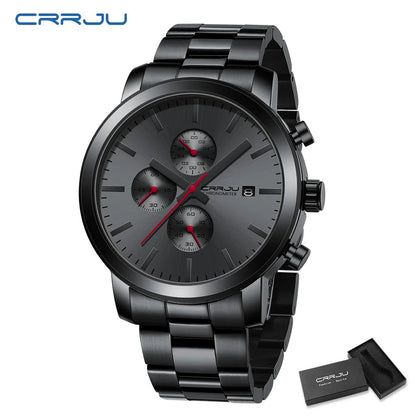 Relógio para homem CRRJU – Cronógrafo em aço inoxidável, estanque, com indicador de data, movimento analógico de quartzo, estilo elegante e profissional