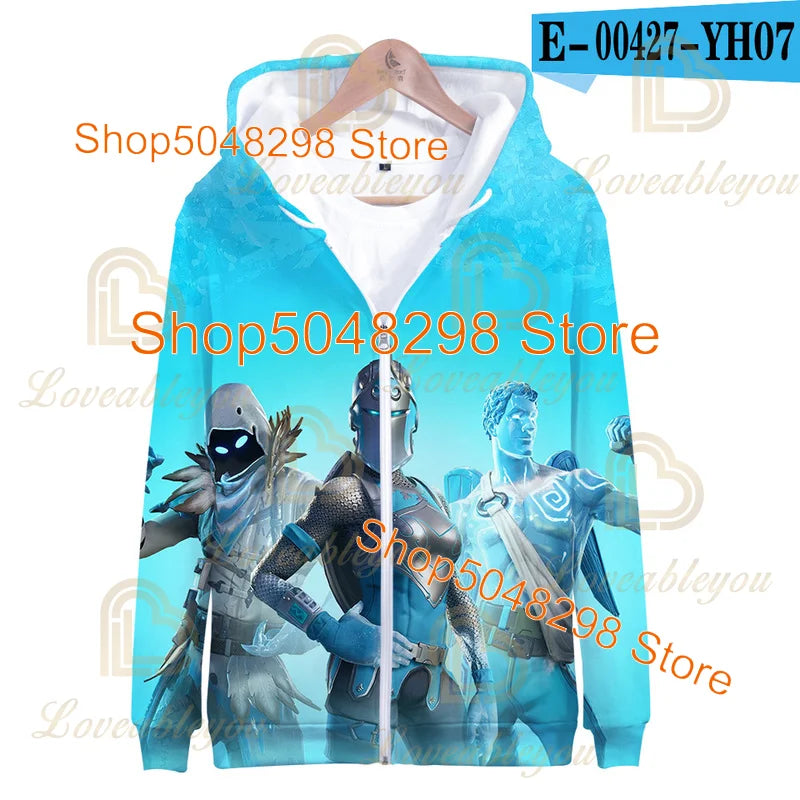 Sweatshirt Fortnite para Adultos e Crianças, Hoodie Infantil com Fecho, Estampado 3D de Jogo, para Rapazes e Raparigas, Estilo Harajuku, Manga Comprida, Roupa para Adolescentes