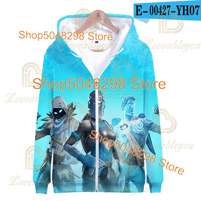 Sweatshirt Fortnite para Adultos e Crianças, Hoodie Infantil com Fecho, Estampado 3D de Jogo, para Rapazes e Raparigas, Estilo Harajuku, Manga Comprida, Roupa para Adolescentes