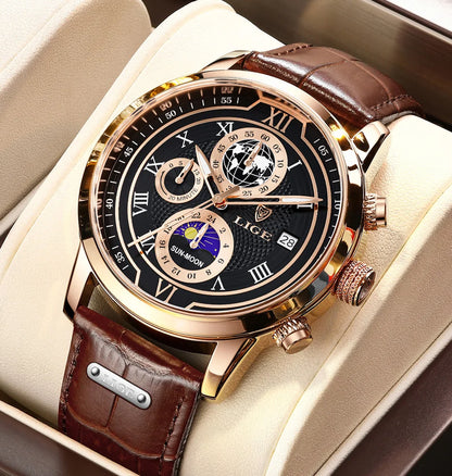 LIGE Luxury Man Wristwatch Waterproof Luminous Chronograph Watch for Men Leather Strap Men's Quartz Watches Reloj Hombre+Box