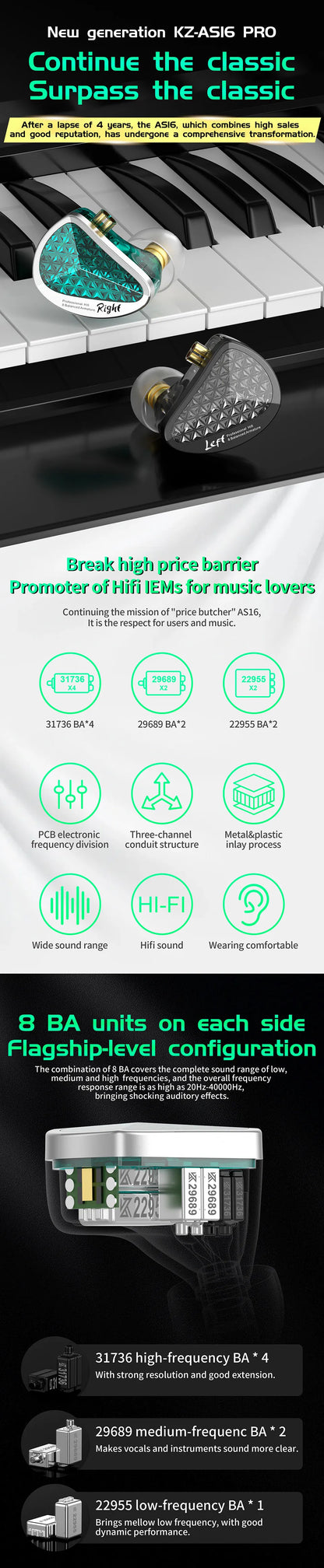 KZ AS16 Pro 16BA Balanced Armature In Ear Earphones HiFi Monitor Headphones with Detachable Cable Noise Cancelling Earbuds