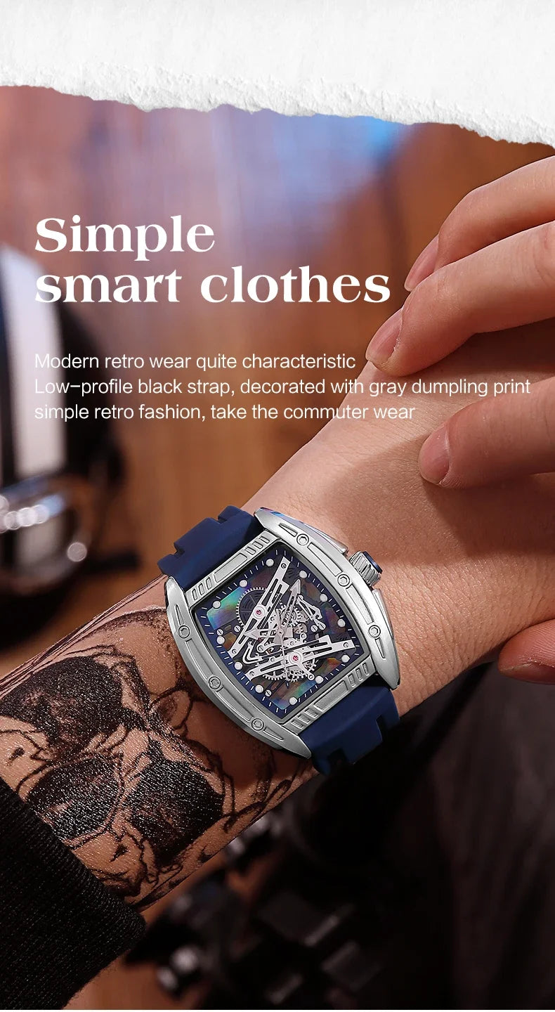 2026 Men's Automatic Mechanical Watch with Stainless Steel Case Silicone Band Skeleton Dial Waterproof Sport Wristwatch
