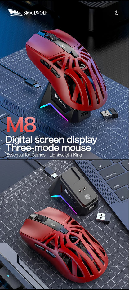 SMAILWOLF M8 Wireless Bluetooth Tri-Mode Gaming Mouse, 12000 DPI Lightweight RGB Gaming Mouse with PAW3311 Sensor, Magnetic Charging Dock