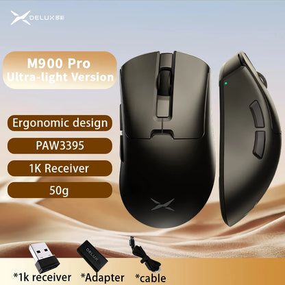 Delux M900PRO Ultra-Light Wireless Gaming Mouse, PAW3395 26K DPI, 1K/8K Polling Rate, Ergonomic Gaming Mouse for Large Hands, 50g PC Gaming Mouse