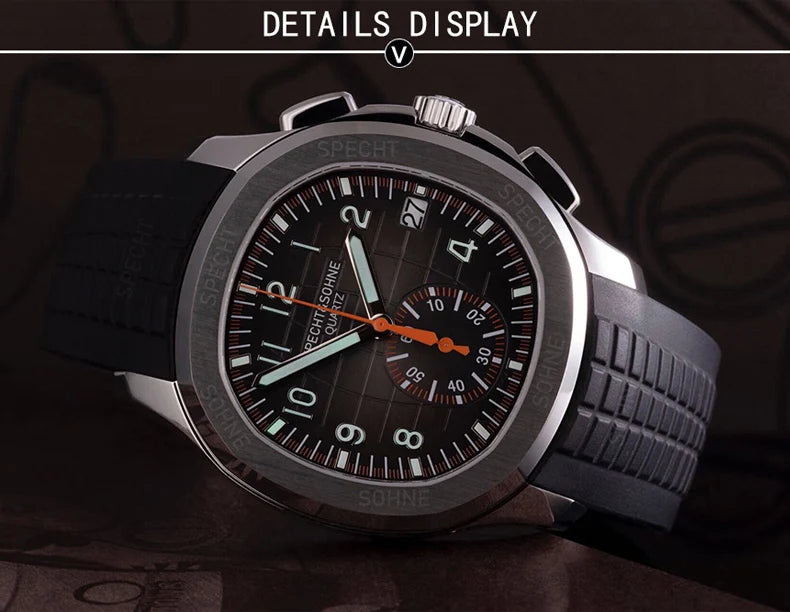 Specht & Söhne New Classic 5167 Men's Watch Orange Color Sapphire Crystal Rubber Srap Sports Male Quartz Watches 50M Waterproof