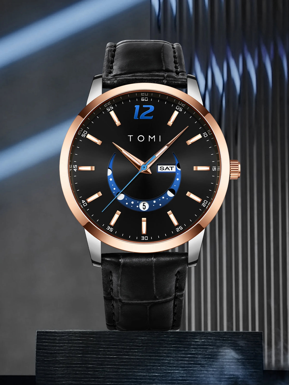 TOMI quartz watch, business-style and elegant, with a leather strap, alloy case and analogue dial – High-end design, a gift idea for men