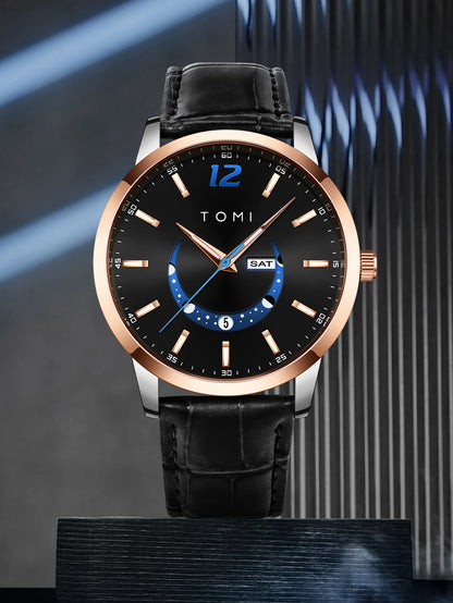TOMI quartz watch, business-style and elegant, with a leather strap, alloy case and analogue dial – High-end design, a gift idea for men